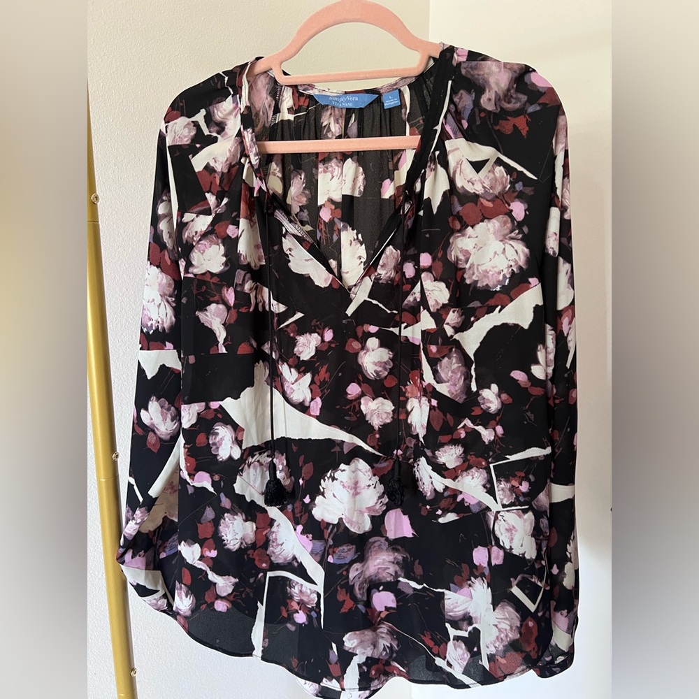 Simply Vera Vera Wang Black &Pink Purple Floral V Neck Long Sleeve Blouse Large